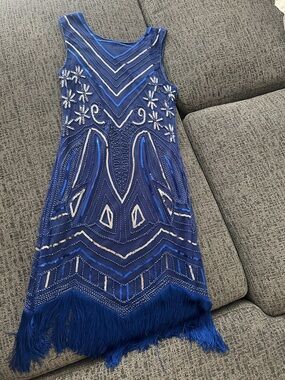 1920’s Flapper Blue Beaded Fringe Women's Dress